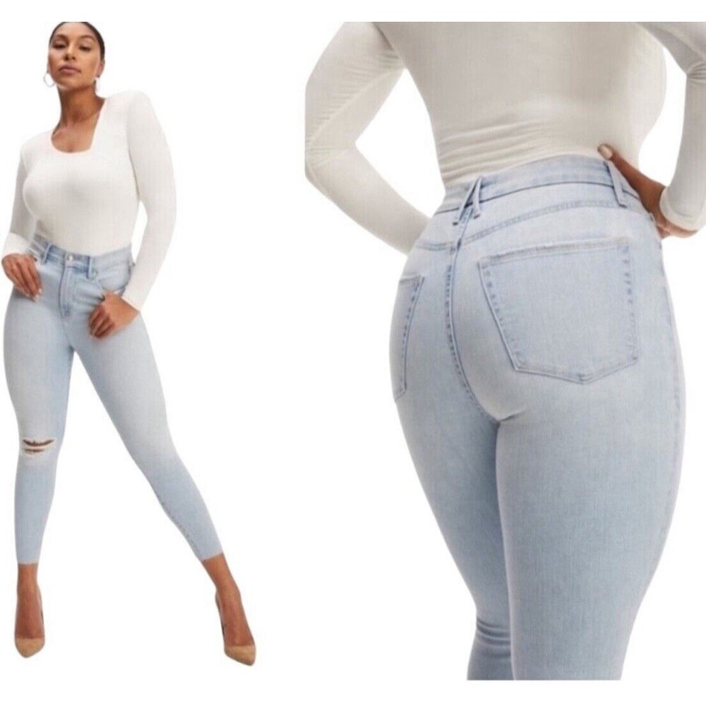 Good American Good Waist Crop Light wash Jeans Women’s Side 16 Distressed Skinny